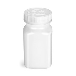 2 oz PET Plastic Bottles, White Square Bottles w/ White PE Lined Child Resistant Caps