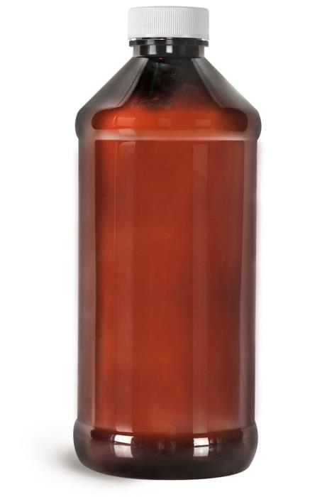 16 oz Amber PET Modern Round Bottles w/ White Ribbed Induction Lined Caps