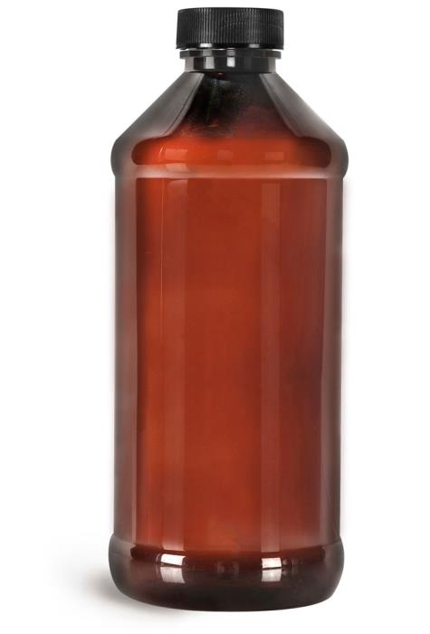 16 oz Amber PET Modern Round Bottles w/ Black Ribbed Induction Lined Caps