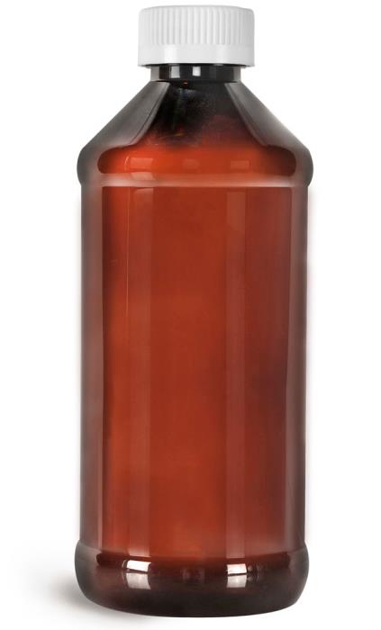 16 oz  Amber PET Modern Round Bottles w/ White Child Resistant Caps