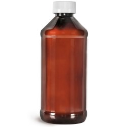 16 oz  Amber PET Modern Round Bottles w/ White Child Resistant Caps