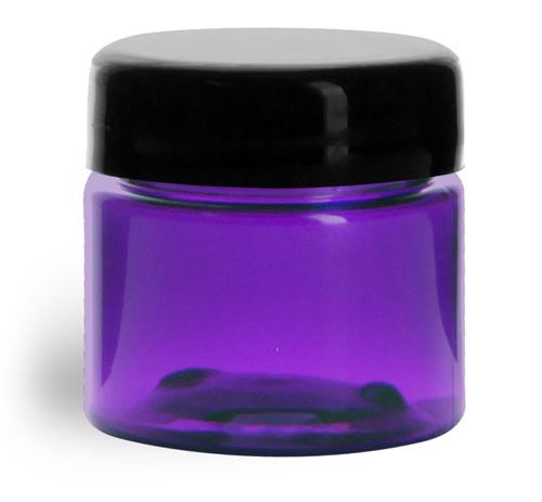 1/2 oz Plastic Jars, Purple PET Straight Sided Jars w/ Black Smooth Lined Dome Caps