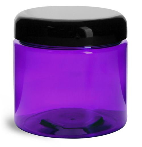 16 oz Plastic Jars, Purple PET Straight Sided Jars w/ Black Smooth Lined Dome Caps