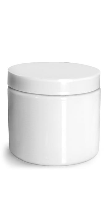 16 oz Plastic Jars, White PET Straight Sided Jars w/ White Smooth PS22 Lined Caps