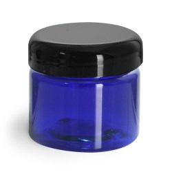 1/2 oz Plastic Jars, Blue PET Straight Sided Jars w/ Black Dome Lined Caps