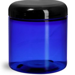 8 oz Plastic Jars, Blue PET Straight Sided Jars w/ Black Dome Lined Caps