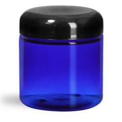 4 oz Plastic Jars, Blue PET Straight Sided Jars w/ Black Dome Lined Caps