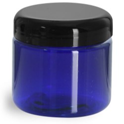 2 oz Plastic Jars, Blue PET Straight Sided Jars w/ Black Dome Lined Caps