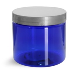 16 oz PET Plastic Jars, Blue Straight Sided Jars w/ Silver Smooth Lined Caps