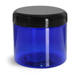 16 oz PET Plastic Jars, Blue Straight Sided Jars w/ Black Dome Lined Caps