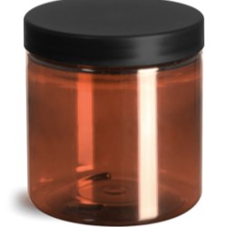 8 oz Plastic Jars, Amber PET Straight Sided Jars w/ Frosted Black Lined Caps