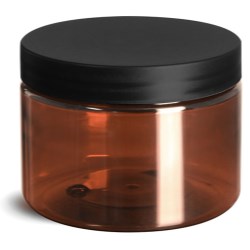 12 oz Plastic Jars, Amber PET Straight Sided Jars w/ Frosted Black Lined Caps