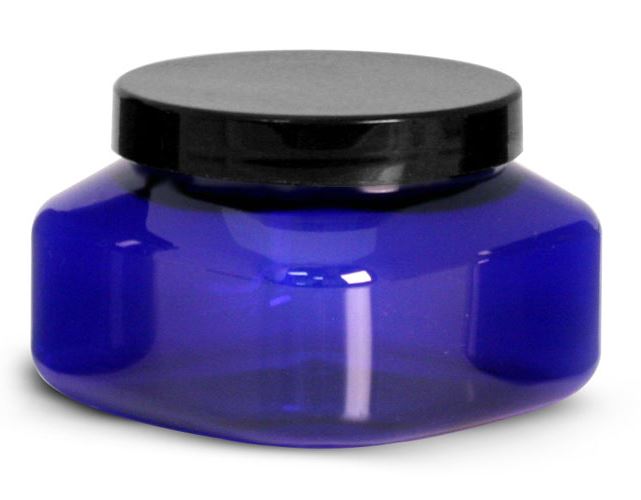 8 oz Blue PET Square Jars w/ Black Smooth Plastic Lined Caps