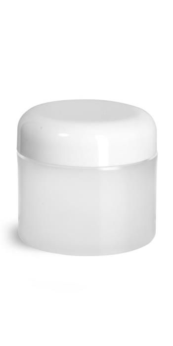 2 oz Plastic Jars, Frosted Natural Thick Wall Polypropylene Jars w/ White Lined Dome Caps