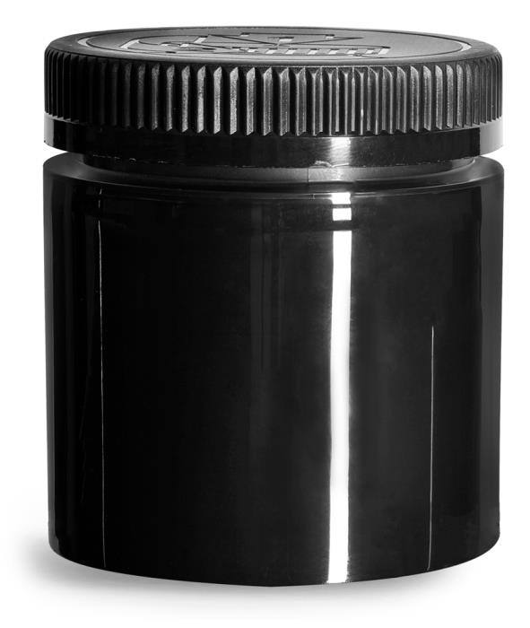 6 oz Black Polypropylene Open Bottom Jars w/ Black PE Lined Child Resistant Caps