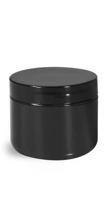 2 oz Plastic Jars, Black Polypro Double Wall Radius Jars w/ Smooth Black Lined Caps