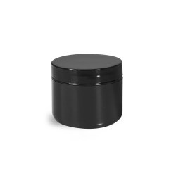 2 oz Plastic Jars, Black Polypro Double Wall Radius Jars w/ Smooth Black Lined Caps