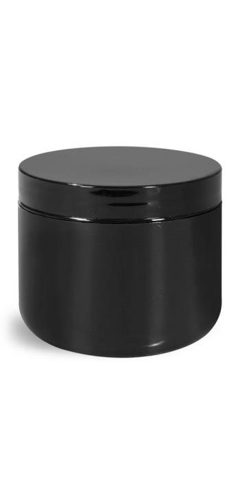 4 oz Plastic Jars, Black Polypro Double Wall Radius Jars w/ Smooth Black Lined Caps