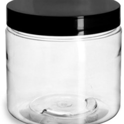 16 oz Plastic Jars, Clear PET Straight Sided Jars w/ Black Smooth Induction Lined Caps