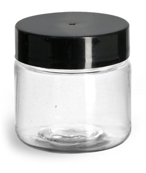 1 oz Plastic Jars, Clear PET Straight Sided Jars w/ Black Smooth Induction Lined Caps