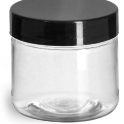 2 oz Plastic Jars, Clear PET Straight Sided Jars w/ Black Smooth Induction Lined Caps