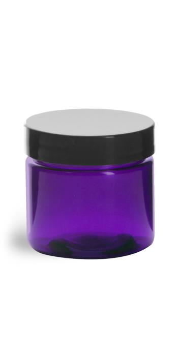 2 oz Plastic Jars, Purple PET Straight Sided Jars w/ Black Smooth Lined Cap