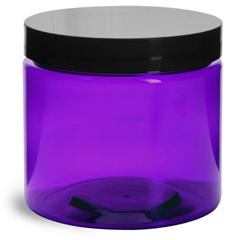 16 oz Plastic Jars, Purple PET Straight Sided Jars w/ Black Smooth Lined Cap