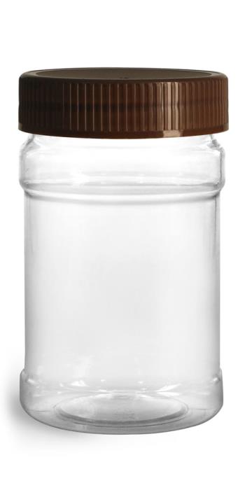 10 oz Food Jars, 10 oz Clear PET Plastic Jars w/ Brown Ribbed Induction Lined Caps