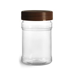 10 oz Food Jars, 10 oz Clear PET Plastic Jars w/ Brown Ribbed Induction Lined Caps