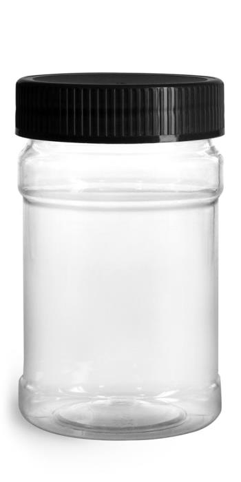 10 oz Food Jars, 10 oz Clear PET Plastic Jars w/ Black Ribbed Induction Lined Caps