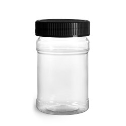 10 oz Food Jars, 10 oz Clear PET Plastic Jars w/ Black Ribbed Induction Lined Caps