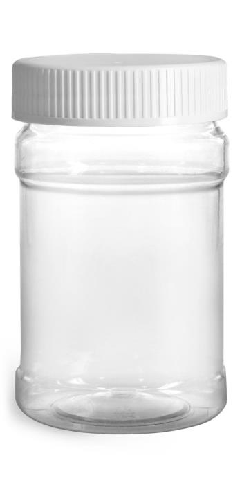 10 oz Food Jars, 10 oz Clear PET Plastic Jars w/ White Ribbed Induction Lined Caps