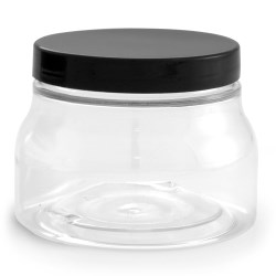 8 oz w/ Smooth Cap Clear PET Tuscany Jars w/ Black Smooth Plastic Caps