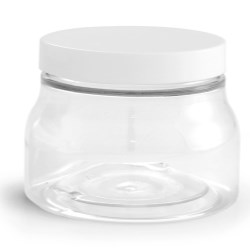 8 oz w/ Smooth Cap PET Plastic Jars, Clear Tuscany Jars w/ White Smooth Plastic Caps