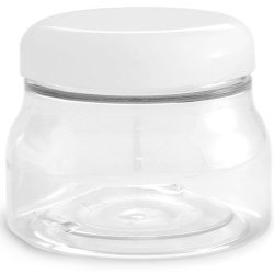 8 oz w/ Dome Cap PET Plastic Jars, Clear Tuscany Jars w/ White Smooth Plastic Caps