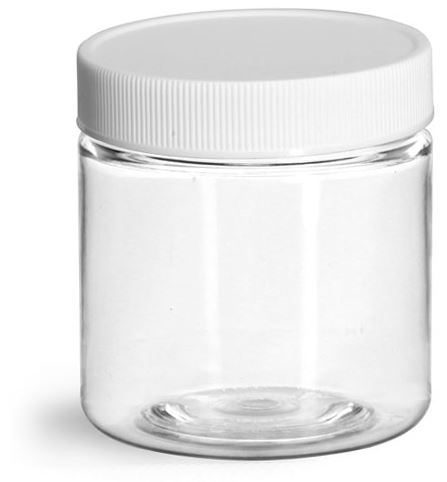 4 oz Clear PET Jars w/ White Ribbed Plastic Unlined Caps