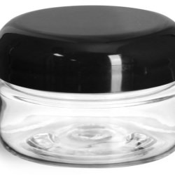 2 oz Plastic Jars, Clear PET Heavy Wall Jars w/ Black Smooth Lined Plastic Dome Caps