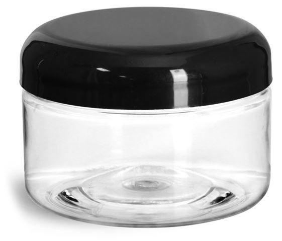 4 oz Plastic Jars, Clear PET Heavy Wall Jars w/ Black Smooth Lined Plastic Dome Caps