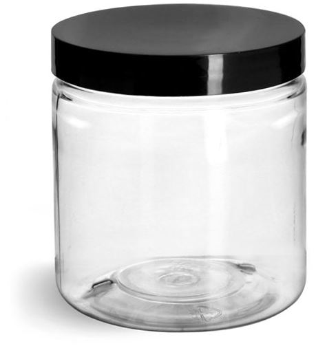 8 oz Clear PET Straight Sided Jars w/ Black Smooth Plastic Lined Caps