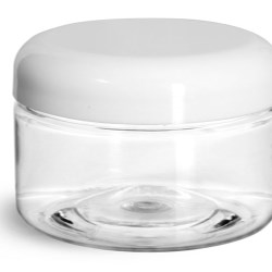 4 oz Plastic Jars, Clear PET Heavy Wall Jars w/ Lined White Plastic Dome Caps