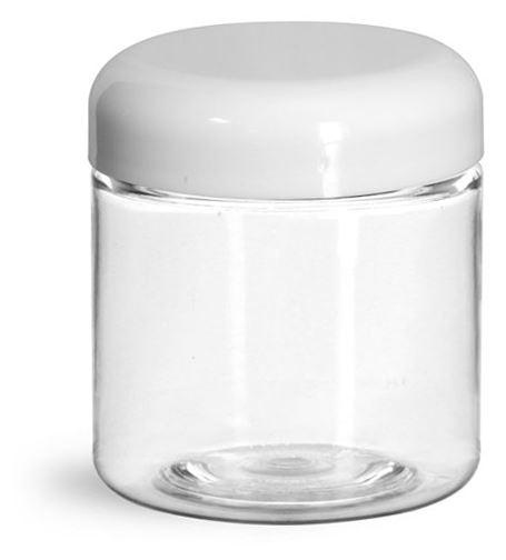 4 oz Plastic Jars, Clear PET Straight Sided Jars w/ White Lined Dome Caps