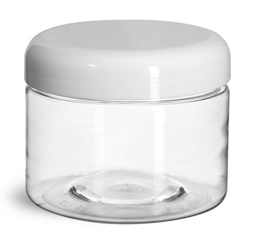 12 oz Plastic Jars, Clear PET Straight Sided Jars w/ White Lined Dome Caps