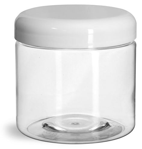 16 oz Plastic Jars, Clear PET Straight Sided Jars w/ White Lined Dome Caps