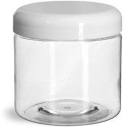 16 oz Plastic Jars, Clear PET Straight Sided Jars w/ White Lined Dome Caps