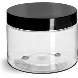 12 oz Clear PET Straight Sided Jars w/ Black Smooth Plastic Lined Caps