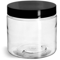 16 oz Clear PET Straight Sided Jars w/ Black Smooth Plastic Lined Caps