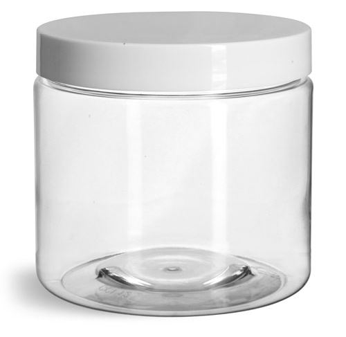 16 oz Clear PET Straight Sided Jars w/ White Smooth Plastic Lined Caps