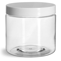 16 oz Clear PET Straight Sided Jars w/ White Smooth Plastic Lined Caps