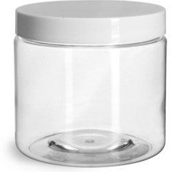 16 oz Plastic Jars, Clear PET Straight Sided Jars w/ White Smooth Induction Lined Caps