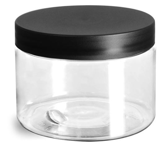 12 oz Plastic Jars, Clear PET Jars w/ Frosted Black Lined Caps